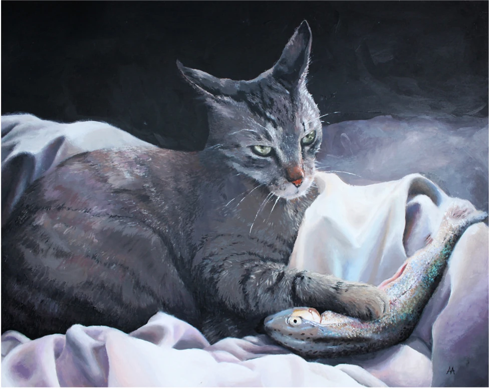 A grey cat lying on white sheets, one paw reaching forward
