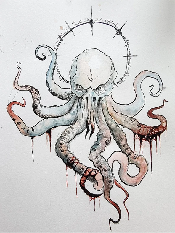 An octopus with a ring of small crosses above its head, tentacles dripping